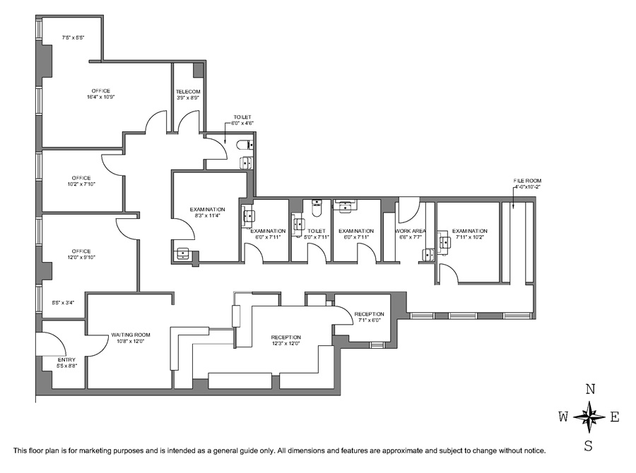 Medical office floor plan at 791 Park Avenue, New York, showing exam rooms, offices and reception areas.