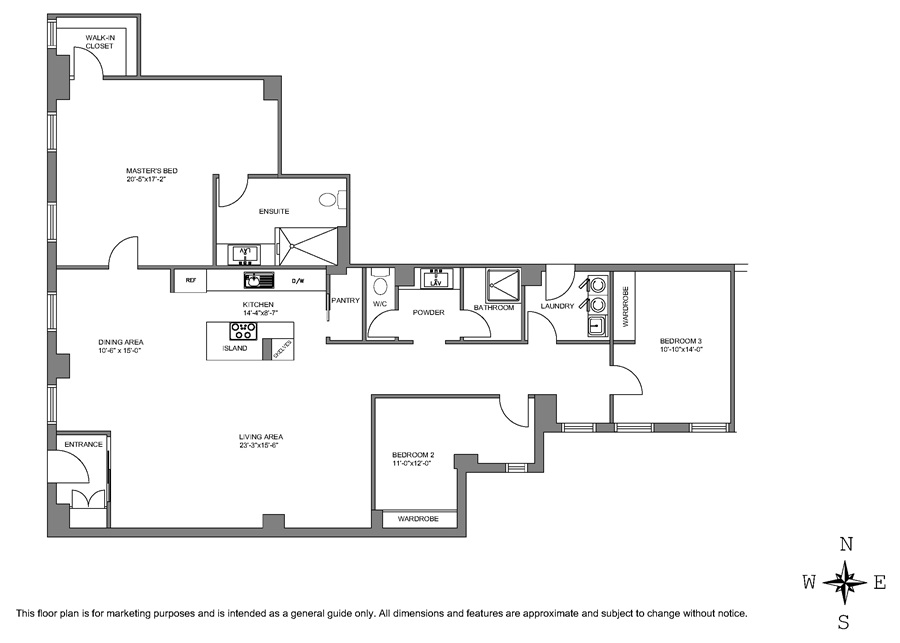 Proposed three-bedroom residential floor plan for 791 Park Avenue, New York; virtual conversion concept.